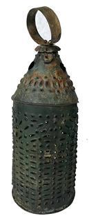 **SOLD** RM1242 Pierced & Punched Tin Candle Lantern Paul Revere Barn Lantern Old Paint"15-1/4" tall x 5" diameter, 15.9 oz.New England, circa 19th century Having original fluted smoke-dome & ring handle