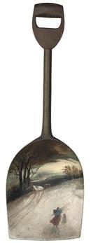 D678 Polychrome painted wooden Shovel,WONDERFU, Hand Carved, Wooden Shovel with a GREAT Hand Painted Winter Scene. This Shovel stands 36 1/2" high  Great hand carving marks.