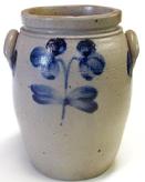 U89 Peter Herman 1 1/2 gallon jar circa 1840 , with applied handles,decorated front and back with a two stem  clover. Under sides of each handle are decorated with a small garland. 10 3/4" tall