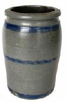 G773 19th century Baltimore Striper crock with wide, flat topped, wax sealer rim that tapers to tooled shoulders and down to straight sides and a cylindrical bottom. Nicely decorated with three prominent cobalt blue stripes. Slightly tilted across top.