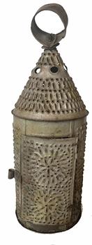 H993 19th century punched tin Lantern retaining original dry oyster white painted surface. Symmetrically punched and pierced patterns of dots and dashes, with punched and pierced designs in conical top for venting purposes. 