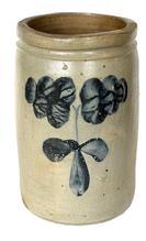 L221 19th century cobalt blue decorated Stoneware Jar attributed to Peter Hermann of Baltimore, Maryland.  Beautiful hand painted heavy cobalt blue flowers adorn both sides of the tall, cylindrical form crock with flat bottom, tooled shoulder, and flat-topped rim. Peter Hermann�s pottery was on Edger Street in Baltimore from 1850-1872.  Measurements: 6� � 6 &frac14;� top diameter x 10� tall.   