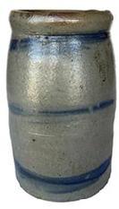 G241 Western Pennsylvania Strip decorated Wax Sealer, circa 1875 straight sided jar with wax sealer rim. decorated with three wide brushed cobalt strips, very good condition,