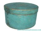 T296 New England original Blue painted Pantry Box, bent wood round form with nailed lap joint, nice dry uncleaned surface that has turned blue-green on top & bootom from use. This pantry Box has the initials on bottom D.F.J. (c)1850 