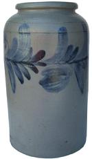 R112 This 3 gallon stoneware jar is decorated all around with cobalt blue flower decoration. It was made in southeastern PA or Baltimore, MD, very good condition c1860.  16" tall