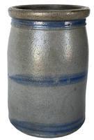G94 Western Pennsylvania stoneware canning crock, 19th c., with cobalt  bands, 8" h.