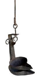 L408E Rare 18th century hand wrought iron Phoebe Double Cruise Lamp / Whale Oil Lamp / Grease Lamp / Betty Lamp with trammel style hook on the back of the outer bowl supports the inner bowl with decorative scrolled topper on its back. Great surface patina, pitting and wear from age and use. This was a very early type of lamp commonly used in America between the 17th to early 19th century, consisting of two small iron bowls hanging one above the other, with a spout to hold something to act as a wick (twisted cotton rag, rush, etc.). The lower bowl collected drips coming from the upper bowl, creating an efficient use of the fuel being burned. Measurements: Outer lamp measures 3 5/8 wide x 5 ¼ deep x 7 ½ tall. The inner / smaller lamp is 3 ½ wide x 5 deep x 5 ½ tall. Overall height with hanger is 11 ½ tall.