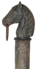*SOLD* J335 19th century cast iron Horse-Head Hitching Post Finial. Fully cast head with articulated ears, mane, eyes, nostrils and mouth pierced with a D-shaped ring. Great surface patina. (Original mounting post) The Head Measures: 7 1/2� deep x 2 3/4� wide x 9 3/4� tall 
