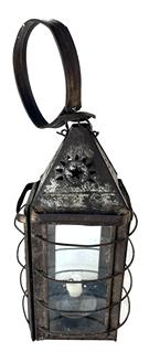 J377 19th century New England caged glass hanging lantern with large ring handle and original old wavy glass with bubbles � marked on the rising arm of the lantern slide door �E.F. PARKERS PATENTS 1853 & 1855�. (Maker: Elijah F. Parker of Proctorsville (Windsor County), VT)