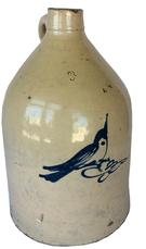 Q198 crock jug with a slip -tailed blue bird, unmarked , three gallon, probably New York State Circa 1870