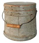   V161  Wooden Firkin  with a bail handle and old pewter  gray  paint attic surface 7 1/2" top x7 1/2" tall x 8 1/4 " bottom