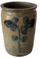 **SOLD** E301 Peter Herman signed Crock, This crock was made in Baltimore circa 1850 to 1870. It is decorated in cobalt with a oversize single stemmed, flower.