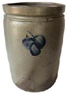 E275 Baltimore Crock with single clover leaf, Stoneware Jar Peter Herrmann with Cobalt Floral Decoration, Baltimore, MD origin, circa 1875, cylindrical jar decorated with a cobalt clover