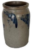 L92 Cobalt blue Decorated Stoneware Crock. Cylindrical jar with tooled shoulder and semi-squared rim. Measurements: 5 &frac14;� diameter x 8 &frac34;� tall.   