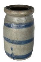 M114 19th century Western Pennsylvania region Wax Sealer canning crock with three wide cobalt blue stripes decorating the front. Circa 1875. Slightly tapered sides with wax sealer rim. Very small hairline to bottom. Measurements: 4 ½ top diameter x 5 1/8 bottom diameter x 8 tall.