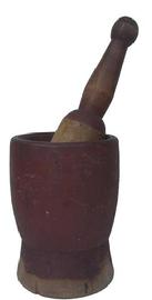 Y155 19th century Treenware Mortar and Pestle, American. Original dry red painted surface.