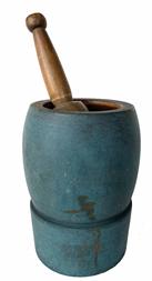 **SOLD** G693 19th century original blue painted Mortar and Pestle.  Each part is turned from one solid piece of wood. Both the pestle, and the interior of the mortar, retain wonderful natural patina. There are several surface cracks to the bottom, that do not reach the bowl � and one tight hairline crack at top of rim, along with a nick in the wood along the interior of the rim as seen in photos � neither of which detract from the visual appeal of this piece. Very sturdy with good weight. The Mortar measures 8� tall x 5 ¼� diameter with a 2 7/8� wide band around the bottom before the sides curve around the bowl. Pestle measures 10� long x ~2 ½� diameter at bottom and shows wear indicative of years of use.