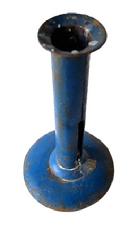 **SOLD** J62C - Hog scraper candle holder bearing an early blue painted surface. Working push up tab (unsigned).  Sturdy, with a nice weight to it.  Approximate Measurements: 4" diameter bottom x 6" tall.