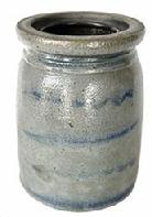 H271 19th century Western Pennsylvania region Wax Sealer canning crock with five blue stripes decorating the front. Circa 1875. Cobalt stripes alternate with straight and squiggly lines which adds to the visual appeal of this crock. Slightly tapered sides with wax sealer rim. Very good condition.
