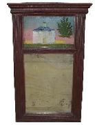 U15 Small Federal Mirror with Reverse Painted Tablet, c. Early-Mid 19th Century, original dry unclean dark  red paint, The mirror and painting are framed by a nice molded frame measurements are: 16 3/4" tall x 10 1/2" wide x 1 1/2" deep