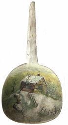 H485 � 19th century hand painted wooden butter paddle depicting small barren trees surrounding a small cabin with snowcapped roof and fenced-in snowy yard. White paint covers the entire handle, back of the paddle retains a natural, dark patina. Unsigned.