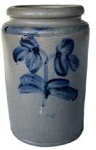 L6 19th century decorated stoneware canning crock by Peter Hermann (1825-1901) of Baltimore, MD. Cylindrical jar with tooled shoulder and rounded rim that features Peter Hermanns signature brushed double-clover Cobalt blue decorations on both sides. A few hairlines visible, otherwise in great condition. Measurements:  8 ¾ tall x 5 ¾ bottom diameter x 4 7/8 top diameter. 