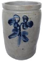 B579 Stoneware Jar Peter Herrmann  with Cobalt Floral Decoration, Baltimore, MD origin, circa 1875, cylindrical jar  decorated with acobalt clover on the front and back good condition Measurements are: 93/4" tall x 6 1/2" diameter