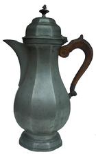  Y177 Early 19th centuy Pewter Coffee Pot eight sided baroque form, with carved wooden handle disc in finial and touch marks of angle and london on interior of bottom  14 1/8" tall x 5 3/4" 