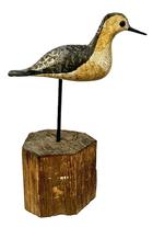 M215 Hand carved Shore Bird bearing glass eyes and its original hand painted surface. Mounted in a roughhewn solid wood base for display purposes. Unknown carver. Overall mounted height is 13 &frac14;� tall with the Bird measuring 8 &frac12;� long x 1 &frac34;� wide x 4� tall. 