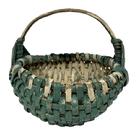 RM1646 Miniature rib and split oak hand-woven egg / buttocks basket in original  green and white painted surface featuring single wrapped rim with Eye of the Wind God detailed weaving at junction of the two major ribs that construct the handle and rim. Measurements: ~5� x ~4 &frac34;� tall.