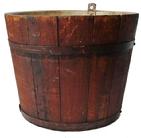 C4 19th century  wooden sap bucket Composed of wooden staves banded by metal bands, this beautiful old bucket stands 11 inches tall and measures 12 inches across the top. It has an old red paint as the primary paint, the inside of the bucket is painted white stamped on the bottom by maker, Massachusetts