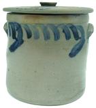 LL126 Storage Crock with the Lid Pennsylvania, very unusual size with applied handle and applied cobalt blue decoration around the rim and handle, stamped 2 gallons