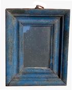 Small blue painted wooden framed looking glass / mirror. Tiny square head nail construction. Ring on top for hanging. Overall Measurements: 7� wide x 1 ¼� thick x 9� tall. Wooden frame is 2� wide.