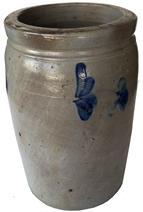 E294 Baltimore Crock with single stem flower, Stoneware Jar Peter Herrmann with Cobalt Floral Decoration, Baltimore, MD origin, circa 1875, cylindrical jar decorated with acobalt clover on the front and back good condition