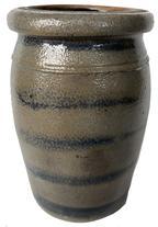 G452 19th century 8" tall stoneware canning jar, from Western PA. It has five cobalt blue stripes that were laid on by a heavy thumb painting .GREAT BLUE COBALT DECORATED STRIPER WAX SEALER STONEWARE CANNING JAR