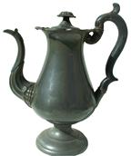 X148 Mid 19th century  Pewter   James Dixon & Sons Large Coffee Pot This large, panel-form pewter coffee pot has an -form wooden handle and finial. The pot is signed "James Dixon and Sons".  on bottom it is 12" tall