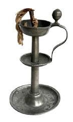 RM1636 Late 18th century to early 19th century pewter oil lamp sometimes called a �slush lamp�. These were used in place of wax candles to burn much cheaper fuel sources such as whale oil or other fats. This design features a center shaft with central drip tray and top reservoir with wick holder where the oil was placed and a wick was lit to provide light. Measurements: 6� diameter (bottom) x ~4 &frac12;� deep at top (including handle) x ~10� tall. 