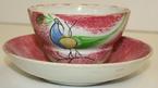 V7 Peafowl Spatterware Cup and Saucer detailed spatterware decoration and good condition circa 1840 handless cup and saucer  3" tall