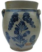 V286   Philadelphia  four gallon Cobalt decorated Stoneware Cream Jar  circa 1870 decorated with bright cobalt design, applied handles with cobalt decoration