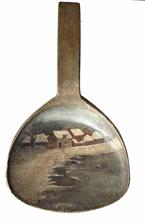 **SOLD** H482 19th century hand painted wooden butter paddle depicting a village with snowcapped roofs and trees alongside an icy body of water. Nice, unsigned artwork. Measurements: 9 ¼� tall x 5 5/8� wide 