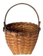 K1846 Exceptionally well-made miniature 19th century tightly hand-woven swing handle basket. The double wooden rim is single wrapped and secured with tiny tacks. The delicate steamed and bent swing handle is secured with tiny tacks. No breaks. The top opening is 5 ¾ x 6 diameter and tapers down to a 3 x 3 ¼ square bottom. The sides are 4 ½ tall. Overall height is 8 tall with handle up. 