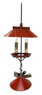 M1127 Jerry Martin tin student lamp with old red paint and adjustable double socket electrified candles resting on a sand-filled conical base. Stamped �JM 2014� on bottom of base. (Jeremy "Jerry" Martin of Marietta, PA was a Blacksmith and Tinsmith.) Dated 2014. Overall height is 24" tall. The top shade measures 10" wide x 7" deep.  Base is 6 7/8� diameter. 