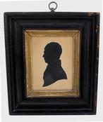 V354 19th century Silhouette of young Man, American, hollow cut silhouette , in it's original black and gold frame, circa 1840 6 1/4" wide x 7" tall