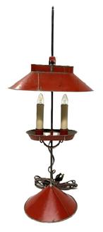 M1127 Jerry Martin tin student lamp with old red paint and adjustable double socket electrified candles resting on a sand-filled conical base. Stamped �JM 2014� on bottom of base. (Jeremy "Jerry" Martin of Marietta, PA was a Blacksmith and Tinsmith.) Dated 2014. Overall height is 24" tall. The top shade measures 10" wide x 7" deep.  Base is 6 7/8� diameter. 