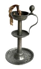 RM1636 Late 18th century to early 19th century pewter oil lamp sometimes called a slush lamp. These were used in place of wax candles to burn much cheaper fuel sources such as whale oil or other fats. This design features a center shaft with central drip tray and top reservoir with wick holder where the oil was placed and a wick was lit to provide light. Measurements: 6 diameter (bottom) x ~4 ½ deep at top (including handle) x ~10 tall.