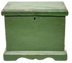 **SOLD** M259 Super, early 19th century original green painted miniature blanket chest featuring a dovetailed case with cut out applied bracket base on all four sides. Lid has applied dropped molded edges on three sides which create a nice dust barrier when lid is closed. Clean natural patina interior. Combination of T and square head nail construction. Measurements: 9 7/8 wide x 6 ¾ deep x 8 tall.