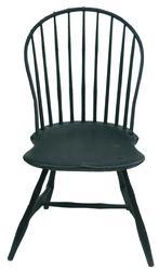 X594 Rhode Island bow back Windsor Chair with green over black paint, nine spindle back, with sausage turnings, circa 1790- 1810 