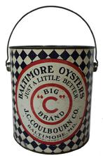 *SOLD* B459  Baltimore Oysters Bic C Brand 1 gallon tin with lid and wire bail. JC Coulbourn Co., Baltimore, MD-established 1910