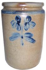 U35 Cobalt decorated 1 1/2 gallon Stoneware jar,Baltimore MD. origin circa 1860 decorated with a bright cobalt blue clover plan, with a ring around the top of the jar no chips or cracks 11" tall
