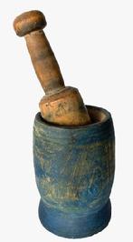 RM1483 19th Century Mortar and Pestle in original beautiful blue paint with remnants of various incised bands. The paint is a very dry indigo blue. Wear and a few surface age cracks indicative of age and use.  The mortar is 7" tall x 5" diameter. The pestle measures 8 1/2" long.